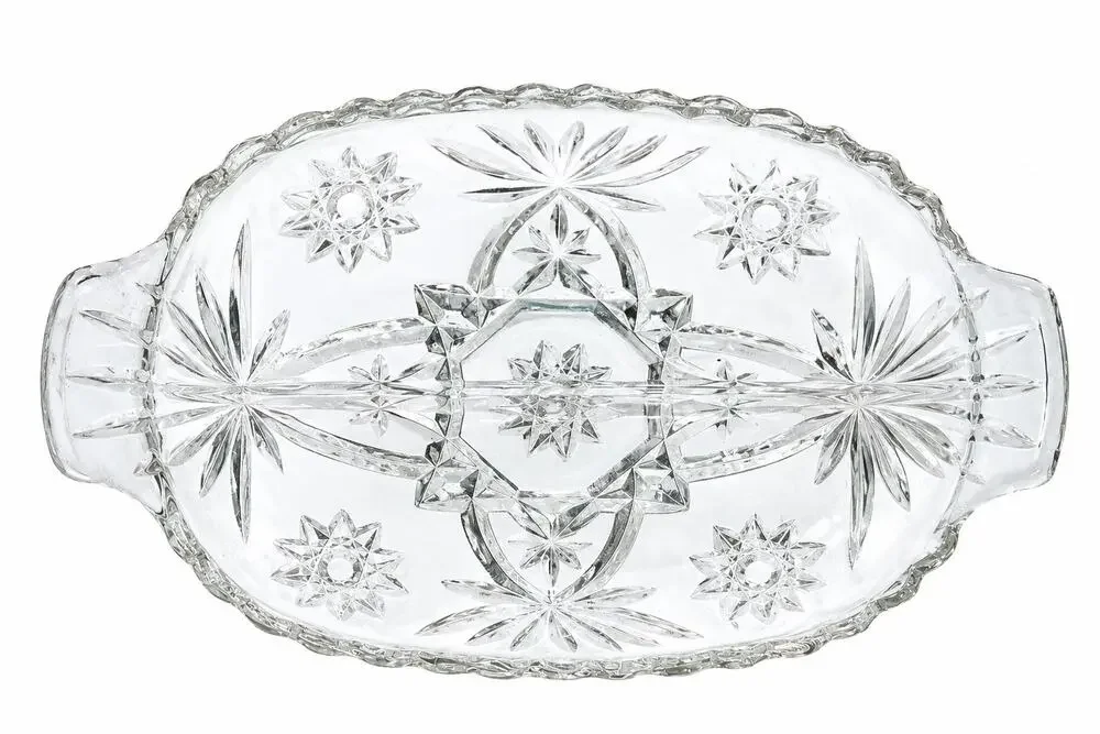 Vintage Clear Cut Glass Relish Tray Oval Handled Serving Dish Candy Nut Bowl